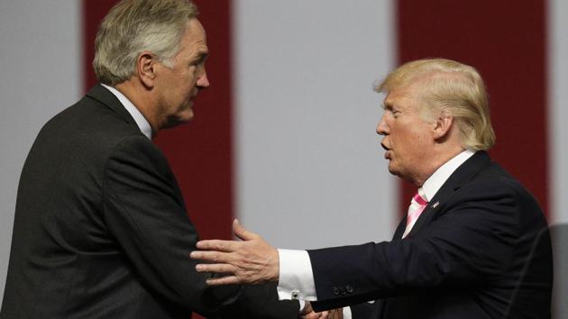 President Donald Trump shakes the hand of Sen. Luther Strange after he speaks at campaign rally, Friday, Sept. 22, 2017, in Huntsville, Ala. (AP) President Donald Trump shakes the hand of Sen. Luther Strange after he speaks at campaign rally, Friday, Sept. 22, 2017, in Huntsville, Ala. (AP)