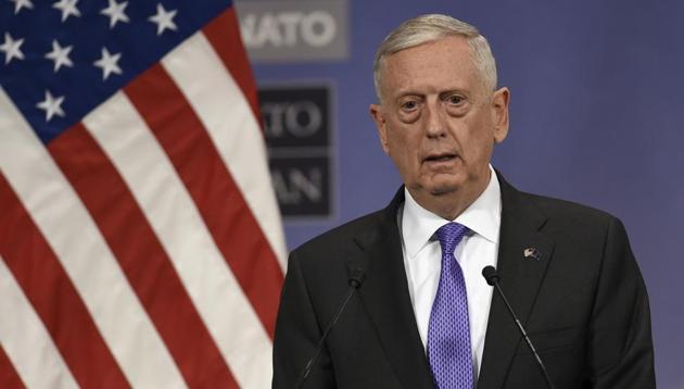 US defence secretary James Mattis delivers a speech during a press conference at the Nato Defense Council meeting at the NATO Headquarters in Brussels. Fighter jets, drone deals and shared concerns over Afghanistan's security challenges have been expected to dominate the agenda in his visit to India(AFP)