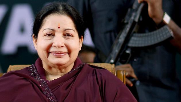 File picture of AIADMK supremo J Jayalalithaa during a swearing-in ceremony in Chennai.(PTI)