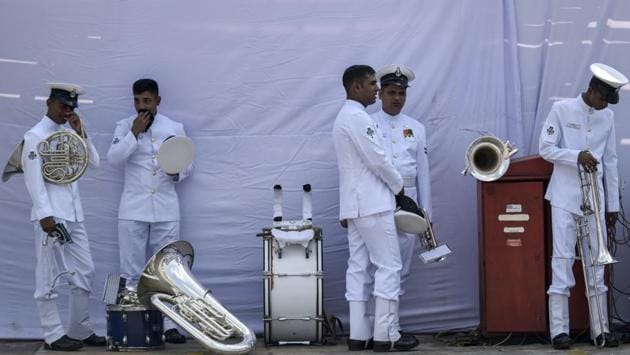 A Navy band seen before the commissioning ceremony of INS Tarasa into the Indian Navy. Luthra also praised the vessel’s crew and the Warship Overseeing Team, Kolkata, for ensuring that the ship was commissioned after completing all weapons and sensor trials. Besides, the maiden voyage of the vessel from Kolkata to Mumbai in rough weather bore testimony to her seaworthiness, he said. (Kunal Patil / HT Photo)