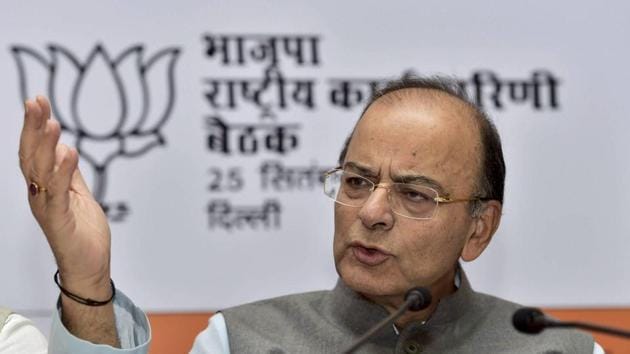Finance minister Arun Jaitley briefs the media after BJP's National Executive meeting in New Delhi on Monday.(PTI Photo)