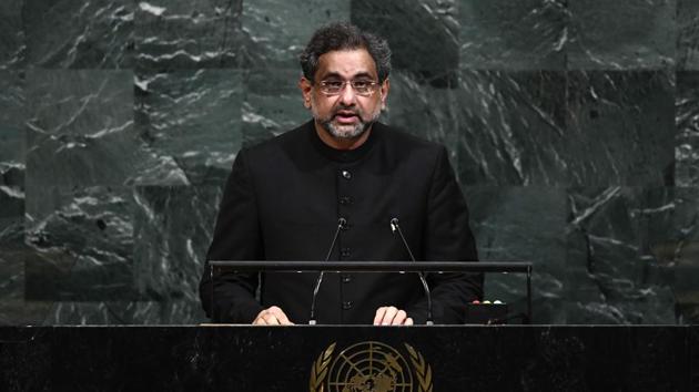 Pakistan's Prime Minister Shahid Khaqan Abbasi addresses the United Nations General assembly at the UN headquarters in New York, September 21 (AFP) Pakistan's Prime Minister Shahid Khaqan Abbasi addresses the United Nations General assembly at the UN headquarters in New York, September 21 (AFP)