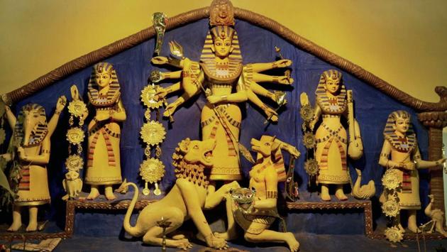 A community pandal bases its art on the famous sphinxs of Egypt in a tribute to that ancient civilization in Kolkata. (PTI)