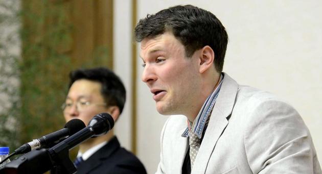The Korean Central News Agency’s handout photo shows US student Otto Frederick Warmbier, who was arrested for committing hostile acts against North Korea, speaking at a press conference in Pyongyang.(AFP File Photo)