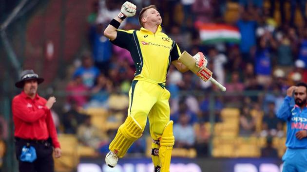 Australia’s David Warner jumps in the air after scoring his hundred. (PTI) Australia’s David Warner jumps in the air after scoring his hundred. (PTI)