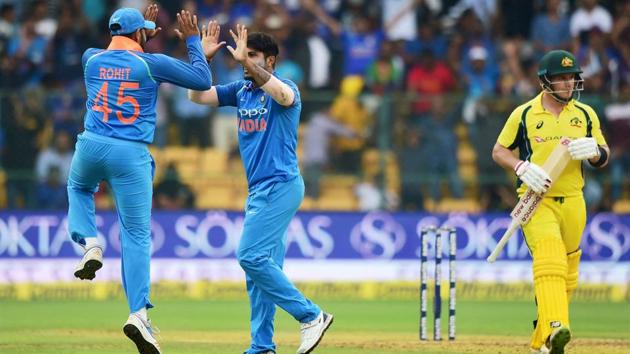 India's Umesh Yadav celebrates with teammates the wicket of Australia’s Aaron Finch. (PTI) India's Umesh Yadav celebrates with teammates the wicket of Australia’s Aaron Finch. (PTI)