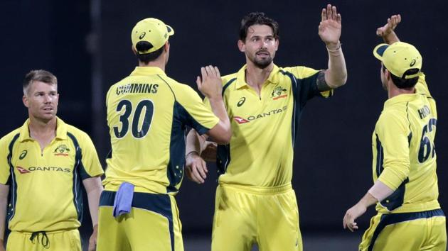 Kane Richardson celebrates after taking Indian batsman Ajinkya Rahane's wicket. (AP) Kane Richardson celebrates after taking Indian batsman Ajinkya Rahane's wicket. (AP)