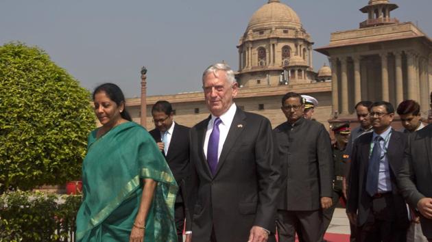 Defense minister Nirmala Sitharaman (L) escorts US defense secretary James Mattis for a delegation level meeting in New Delhi on Tuesday.(AP file) Defense minister Nirmala Sitharaman (L) escorts US defense secretary James Mattis for a delegation level meeting in New Delhi on Tuesday.(AP file)