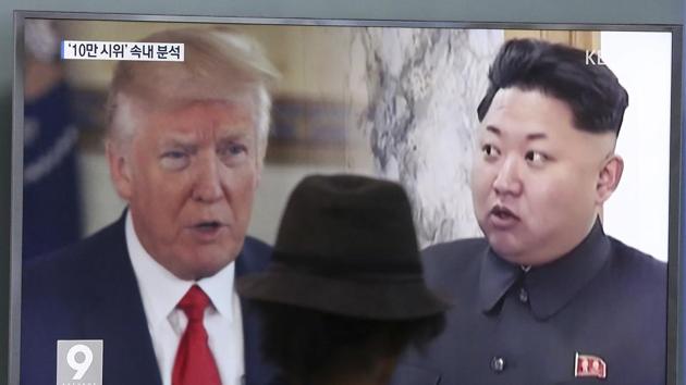 In this August 10, 2017, file photo, a man watches a TV screen showing US President Donald Trump, left, and North Korean leader Kim Jong Un, Seoul, South Korea (AP) In this August 10, 2017, file photo, a man watches a TV screen showing US President Donald Trump, left, and North Korean leader Kim Jong Un, Seoul, South Korea (AP)