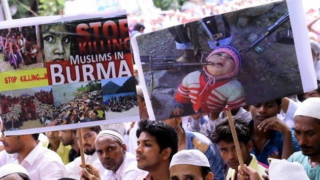 People protest against the genocide of Rohingya Muslims in Myanmar, New Delhi, September 21, 2017 (Arun Sharma/HT PHOTO) People protest against the genocide of Rohingya Muslims in Myanmar, New Delhi, September 21, 2017 (Arun Sharma/HT PHOTO)
