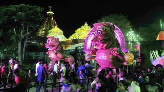 Idols and effigies seen at the Durga Puja pandal of the Ranchi Railway station Durga Puja Samiti.The nature of Durga Puja has changed over time and the present puja is as much about mingling and having fun, as it is about celebrating the Goddess Durga. (Parwaz Khan / HT Photo)