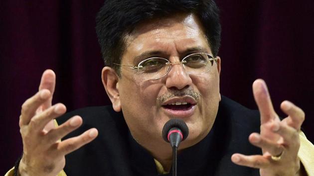 Railway Minister Piyush Goyal gestures as he addresses a press conference in New Delhi on Thursday.(PTI Photo)