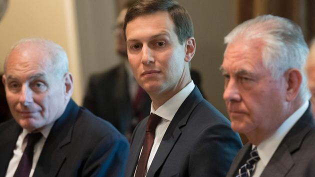 US President Donald Trump sits alongside US Secretary of State Rex Tillerson (R), Senior Adviser Jared Kushner and White House Chief of Staff John Kelly (L), during a working lunch in the Cabinet Room of the White House in Washington, DC, September 26, 2017. (AFP) US President Donald Trump sits alongside US Secretary of State Rex Tillerson (R), Senior Adviser Jared Kushner and White House Chief of Staff John Kelly (L), during a working lunch in the Cabinet Room of the White House in Washington, DC, September 26, 2017. (AFP)