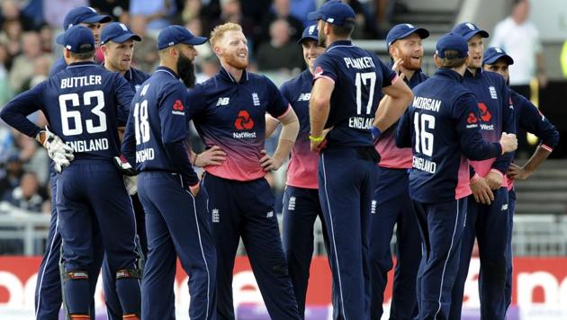 England's Ben Stokes, centre, reacts after a successful review for Marlon Samuels’ wicket during the first One Day International match vs West Indies at Old Trafford in Manchester on September 19, 2017.(AP)
