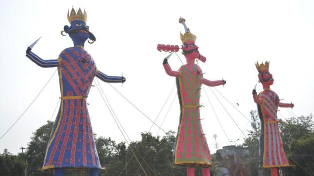 This time, there will also be more use of artificial lighting to brighten the outlook and attire of the three effigies that are being erected across Ramlila grounds in the city.(Sakib Ali/HT Photo)