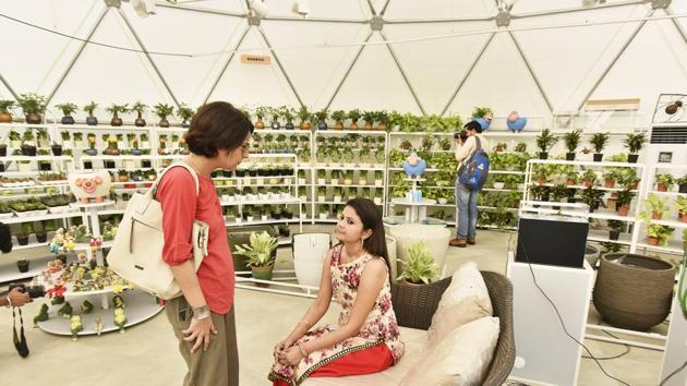 An O2 chamber was launched by Goel at the venue where people can inhale pure oxygen as the unit has air purifying plants. (Sanjeev Verma/HT PHOTO) An O2 chamber was launched by Goel at the venue where people can inhale pure oxygen as the unit has air purifying plants. (Sanjeev Verma/HT PHOTO)