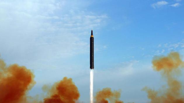 This undated picture released from North Korea's official Korean Central News Agency on September 16, 2017 shows a launching drill of the medium-and-long range strategic ballistic rocket Hwasong-12 at an undisclosed location.(AFP file)