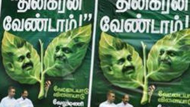 A file photo of a poster of a popular magazine displaying the picture of K Palaniswami and O Panneerselvam on the two leaves depicting the AIADMK symbol. (PTI Photo) A file photo of a poster of a popular magazine displaying the picture of K Palaniswami and O Panneerselvam on the two leaves depicting the AIADMK symbol. (PTI Photo)