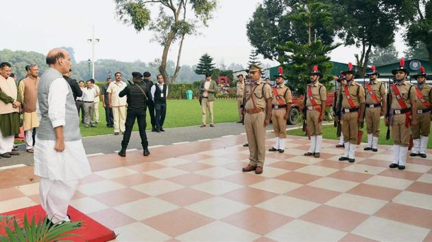 Union home minister Rajnath Singh takes the salute of the Guard of Honour, on his arrival in Dehradun on Friday. (PTI) Union home minister Rajnath Singh takes the salute of the Guard of Honour, on his arrival in Dehradun on Friday. (PTI)
