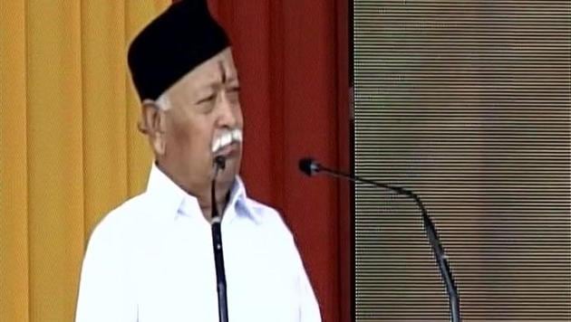 RSS chief Mohan Bhagwat addresses cadres on organisation’s foundation day in Nagpur on September 30.(ANI/Twitter)