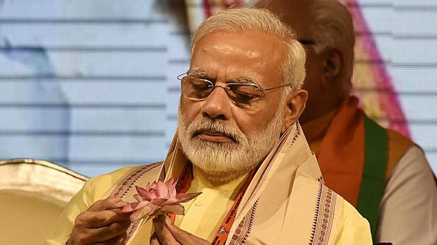 Prime Minister Narendra Modi reflects during the BJP national executive meeting at Talkatora Stadium in New Delhi, India on September 25, 2017. (Raj K Raj / HT Photo) Prime Minister Narendra Modi reflects during the BJP national executive meeting at Talkatora Stadium in New Delhi, India on September 25, 2017. (Raj K Raj / HT Photo)