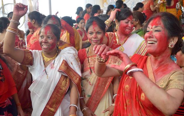The celebrations mark the last day of Durga Puja . (ravi kumar/ht)