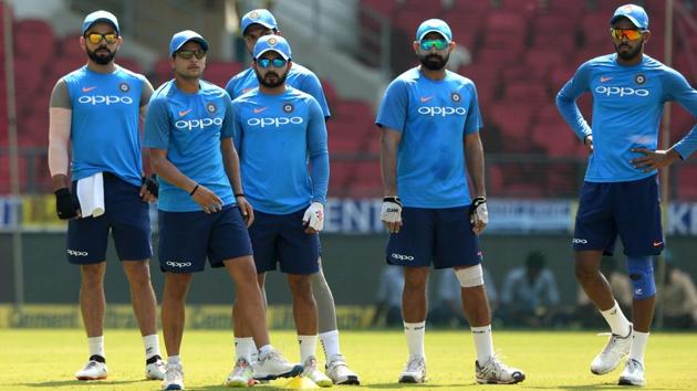 The Indian cricket team attend a training session at the Vidarbha Cricket Association Stadium in Nagpur on Saturday.(AFP)