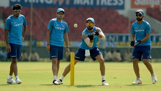 Virat Kohli (C), Kuldeep Yadav (2nd L), Ajinkya Rahane (R) and Jasprit Bumrah (L) attend a training session at the Vidarbha Cricket Association Stadium in Nagpur. (AFP) Virat Kohli (C), Kuldeep Yadav (2nd L), Ajinkya Rahane (R) and Jasprit Bumrah (L) attend a training session at the Vidarbha Cricket Association Stadium in Nagpur. (AFP)