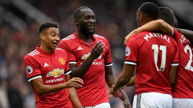 Manchester United striker Romelu Lukaku (2L), with teammates, celebrates scoring the team's fourth goal during the English Premier League football match against Crystal Palace at Old Trafford on Saturday. (AFP) Manchester United striker Romelu Lukaku (2L), with teammates, celebrates scoring the team's fourth goal during the English Premier League football match against Crystal Palace at Old Trafford on Saturday. (AFP)