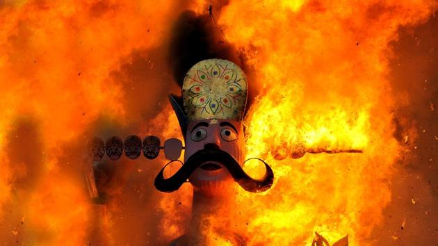 An effigy of demon king Ravana goes up in flames marking the end of Dussehra festival in Jammu. Dussehra or Vijaya Dashami, marks the culmination of the 10-day long Navratri festival, in which Goddess Durga is worshipped as well as the festive proceedings of Durga Puja also came to an end with the immersion of idols. (Nitin Kanotra / HT Photo) An effigy of demon king Ravana goes up in flames marking the end of Dussehra festival in Jammu. Dussehra or Vijaya Dashami, marks the culmination of the 10-day long Navratri festival, in which Goddess Durga is worshipped as well as the festive proceedings of Durga Puja also came to an end with the immersion of idols. (Nitin Kanotra / HT Photo)