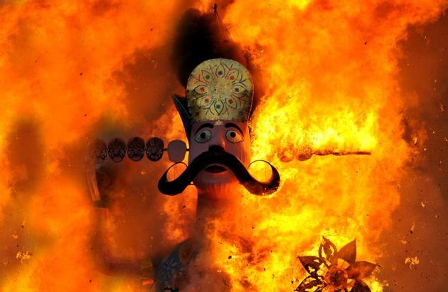 An effigy of Ravana goes up in flames marking the end of Dussehra in Jammu on Saturday. (Nitin Kanotra/HT) An effigy of Ravana goes up in flames marking the end of Dussehra in Jammu on Saturday. (Nitin Kanotra/HT)