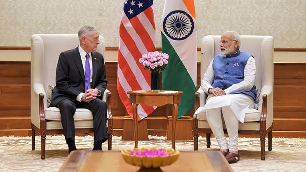 US Defence Secretary Jim Mattis (L) speaking with Indian Prime Minister Narendra Modi, in New Delhi on September 26, 2017. The Pentagon chief arrived September 25 for a 48-hour trip -- the first to India by any member of President Donald Trump's cabinet. (PIB / AFP) US Defence Secretary Jim Mattis (L) speaking with Indian Prime Minister Narendra Modi, in New Delhi on September 26, 2017. The Pentagon chief arrived September 25 for a 48-hour trip -- the first to India by any member of President Donald Trump's cabinet. (PIB / AFP)