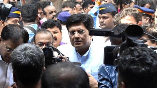 Railway minister Piyush Goyal outside KEM Hospital in Mumbai on Friday.(Anshuman Poyrekar/HT Photo)