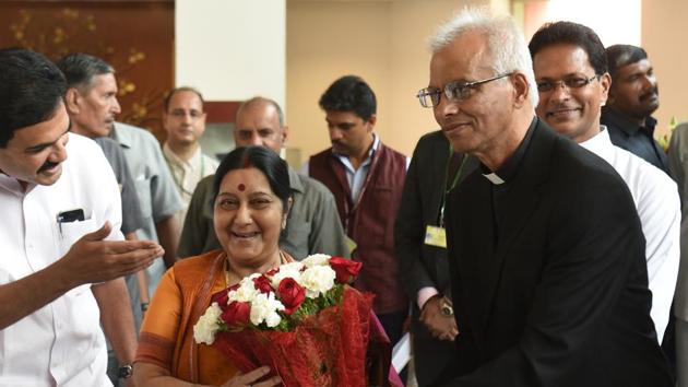 Father Tom Uzhunnalil (R), a Vatican priest from Kerala who was kidnapped by ISIS in Yemen last year returned to India after being rescued earlier this month. He is seen meeting Foreign Minister Sushma Swaraj at Jawahar Lal Nehru Bhawan in New Delhi, India on September 28, 2017. (Sushil Kumar / HT Photo) Father Tom Uzhunnalil (R), a Vatican priest from Kerala who was kidnapped by ISIS in Yemen last year returned to India after being rescued earlier this month. He is seen meeting Foreign Minister Sushma Swaraj at Jawahar Lal Nehru Bhawan in New Delhi, India on September 28, 2017. (Sushil Kumar / HT Photo)