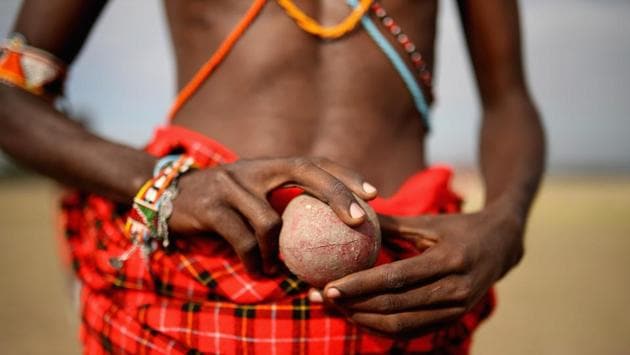 Detailed view of a cricket ball used during the Maasai Cricket Warriors pratice session at Endana in Laikipia, Kenya. The Maasai Cricket Warriors are actively campaigning against degenerating and destructive cultural practices. (Francois Nel / Getty Images) Detailed view of a cricket ball used during the Maasai Cricket Warriors pratice session at Endana in Laikipia, Kenya. The Maasai Cricket Warriors are actively campaigning against degenerating and destructive cultural practices. (Francois Nel / Getty Images)