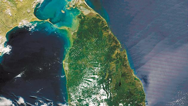 A satellite image of where the Ram Setu is believed to be located – in the shallow straits between India and Sri Lanka where the Sethusamudram shipping canal project is being proposed.(File Photo)