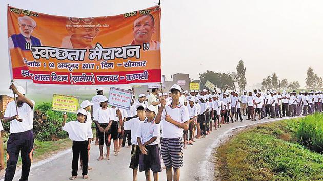 People take out a Swachhata Marathon in Kashi on Monday. People take out a Swachhata Marathon in Kashi on Monday.