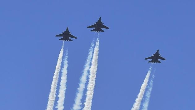 Indian Air Force fighter jets carry out fly-past in a 'missing man' formation over the Delhi Cantonment.(PTI File Photo)