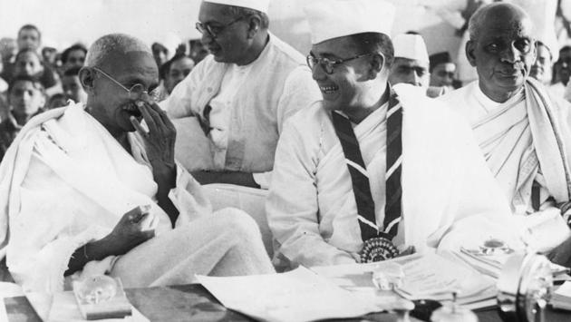 Mahatma Gandhi with Subhash Chandra Bose and Sardar Vallabhbhai Patel during the 51st Indian National Congress. (Photo by Keystone / Getty Images)
