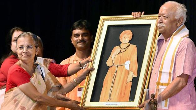 RSS chief Mohan Bhagwat at an event to celebrate the 150th birth anniversary of Sister Nivedita in Kolkata on Tuesday.(PTI photo)