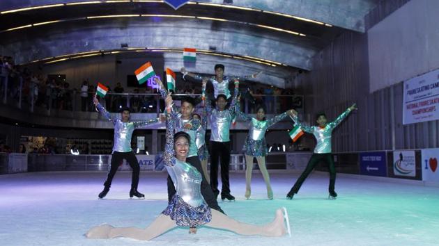 Senior team from Telangana performed a synchronised act as part of the 14th National Ice Skating Championship. (Waseem Gashroo/HT Photo) Senior team from Telangana performed a synchronised act as part of the 14th National Ice Skating Championship. (Waseem Gashroo/HT Photo)
