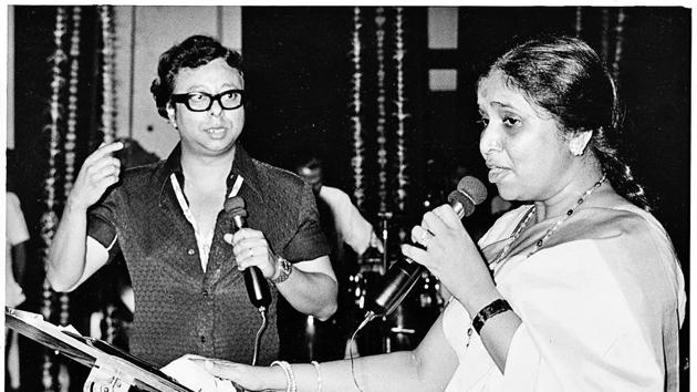 Asha Bhosle and RD Burman recording a song.