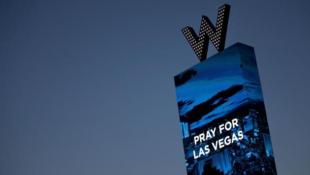 ‘The W’hotel in Las Vegas displays a message for the victims of Sunday night's mass shooting. (AFP)