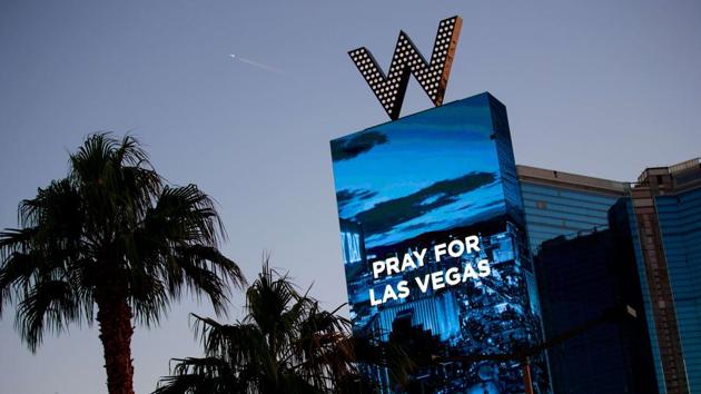 The W Las Vegas hotel displays a message for the victims of mass shooting, October2. Late Sunday night, a lone gunman killed more than 50 people and injured more than 500 after he opened fire on a large crowd at the Route 91 Harvest Festival, a three-day country music festival. The massacre is one of the deadliest mass shooting events in US’ history (A) The W Las Vegas hotel displays a message for the victims of mass shooting, October2. Late Sunday night, a lone gunman killed more than 50 people and injured more than 500 after he opened fire on a large crowd at the Route 91 Harvest Festival, a three-day country music festival. The massacre is one of the deadliest mass shooting events in US’ history (A)