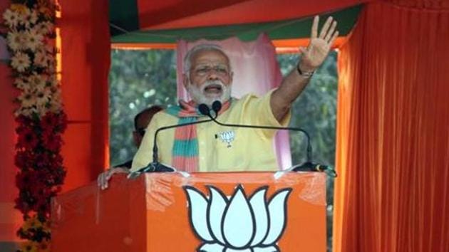 Prime Minister Narendra Modi addresses an election campaign rally at Deoria, Uttar Pradesh on March 1. (Arun Sharma/HT FILE PHOTO)