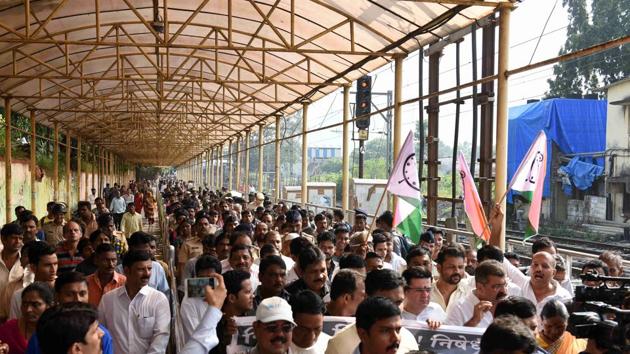 The agitation was to protest the death of 23 people in the Elphinstone Road foot-over bridge (FOB) stampede on September 29, protestors said. (Hindustan Times) 