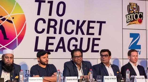 The T10 Cricket League was announced in Dubai on Tuesday, with former Pakistan cricket team players Shahid Afridi (2nd left) Misbah-Ul-Haq (not in pic) and Inzamam-ul-Haq (left), and England cricket team player Eoin Morgan (right) attending the function. (T10 Cricket League) The T10 Cricket League was announced in Dubai on Tuesday, with former Pakistan cricket team players Shahid Afridi (2nd left) Misbah-Ul-Haq (not in pic) and Inzamam-ul-Haq (left), and England cricket team player Eoin Morgan (right) attending the function. (T10 Cricket League)