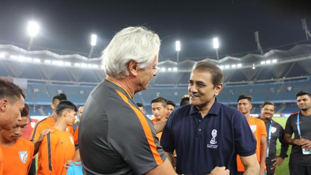 All India Football Federation (AIFF) President Praful Patel paid a visit to the Indian team at the Jawaharlal Nehru Stadium. (AIFF )