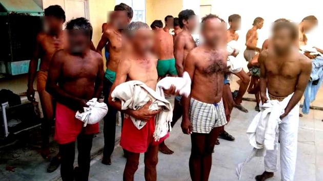 Farmers at Dehat police station of Tikamgarh where they were allegedly ordered by policemen to disrobe on Tuesday (File photo/HT) Farmers at Dehat police station of Tikamgarh where they were allegedly ordered by policemen to disrobe on Tuesday (File photo/HT)