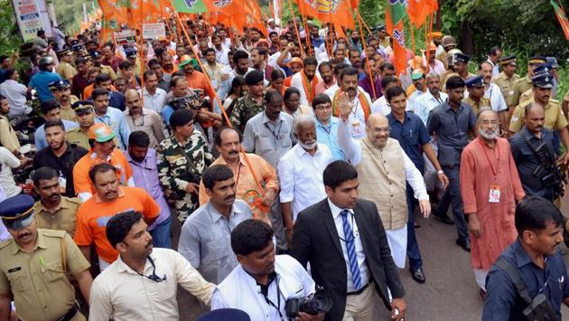 BJP president Amit Shah at the launch of the party's Janaraksha Yathra at Payyannur in Kannur on Tuesday. (PTI) BJP president Amit Shah at the launch of the party's Janaraksha Yathra at Payyannur in Kannur on Tuesday. (PTI)